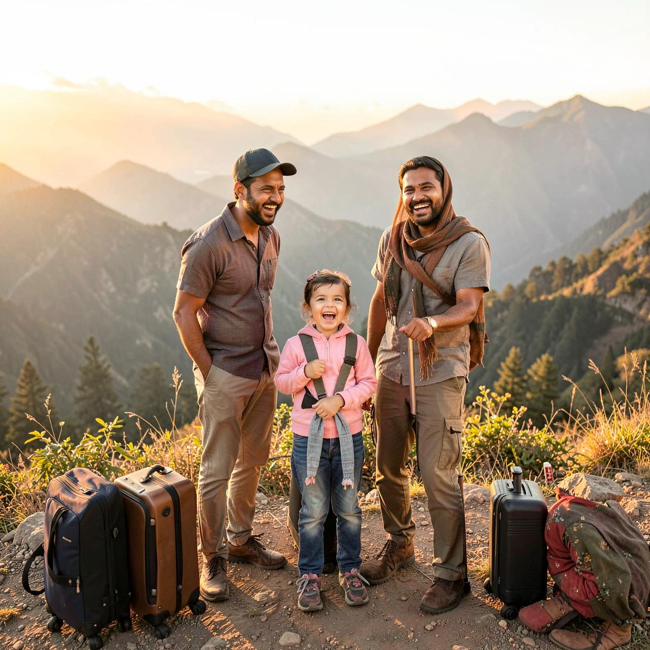 Family on a mountain viewpoint with luggage
